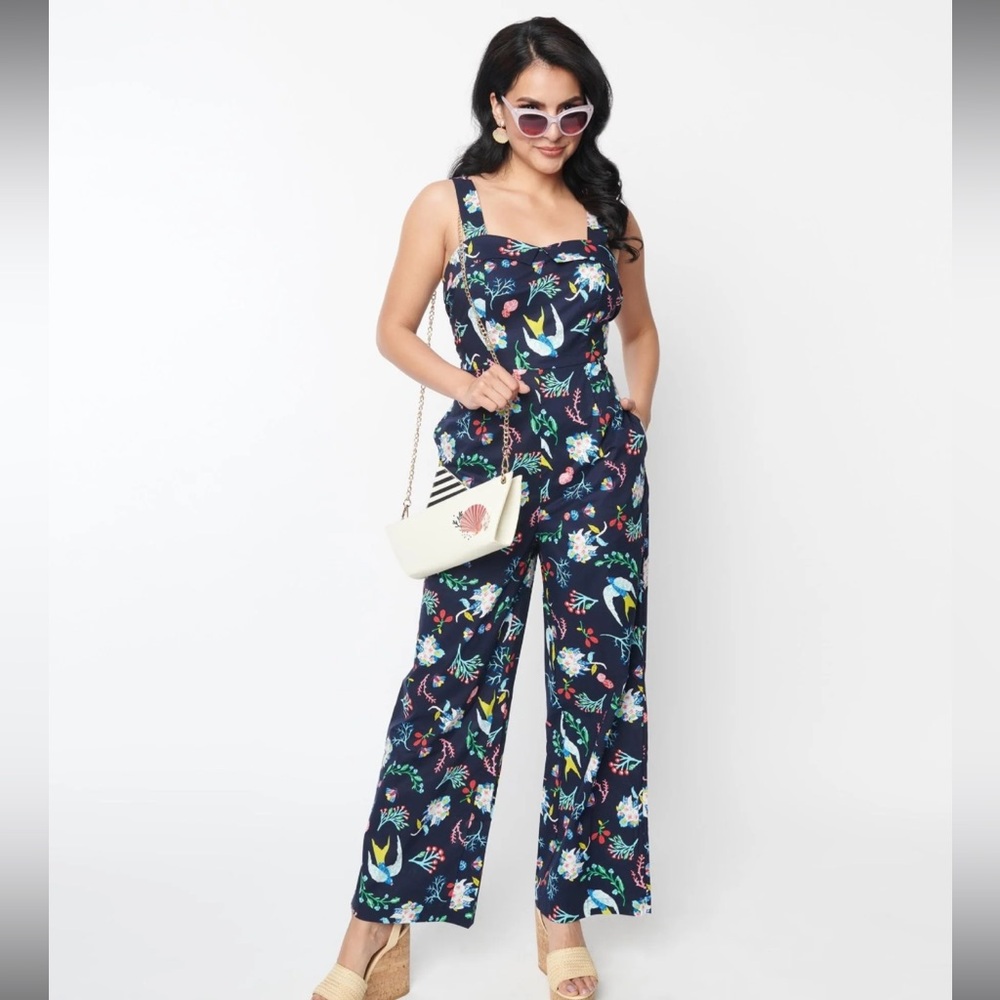 NWT Navy Wide Leg Floral Bird Print Jumpsuit | Resort Vacation Style | Size S